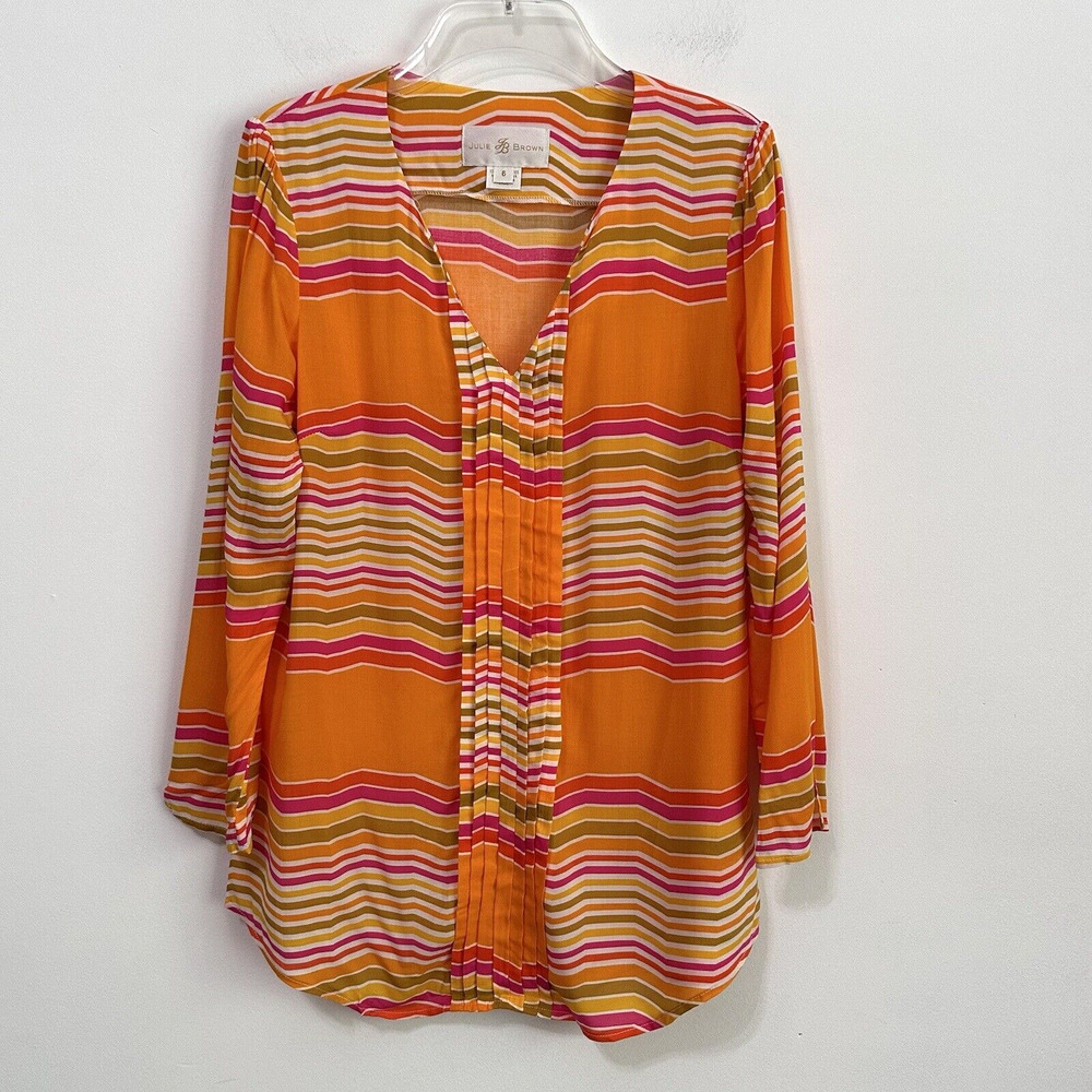 Julie Brown Blouse 6 Pintuck V Neck Popover Orange Summer Work Party Top Shirt